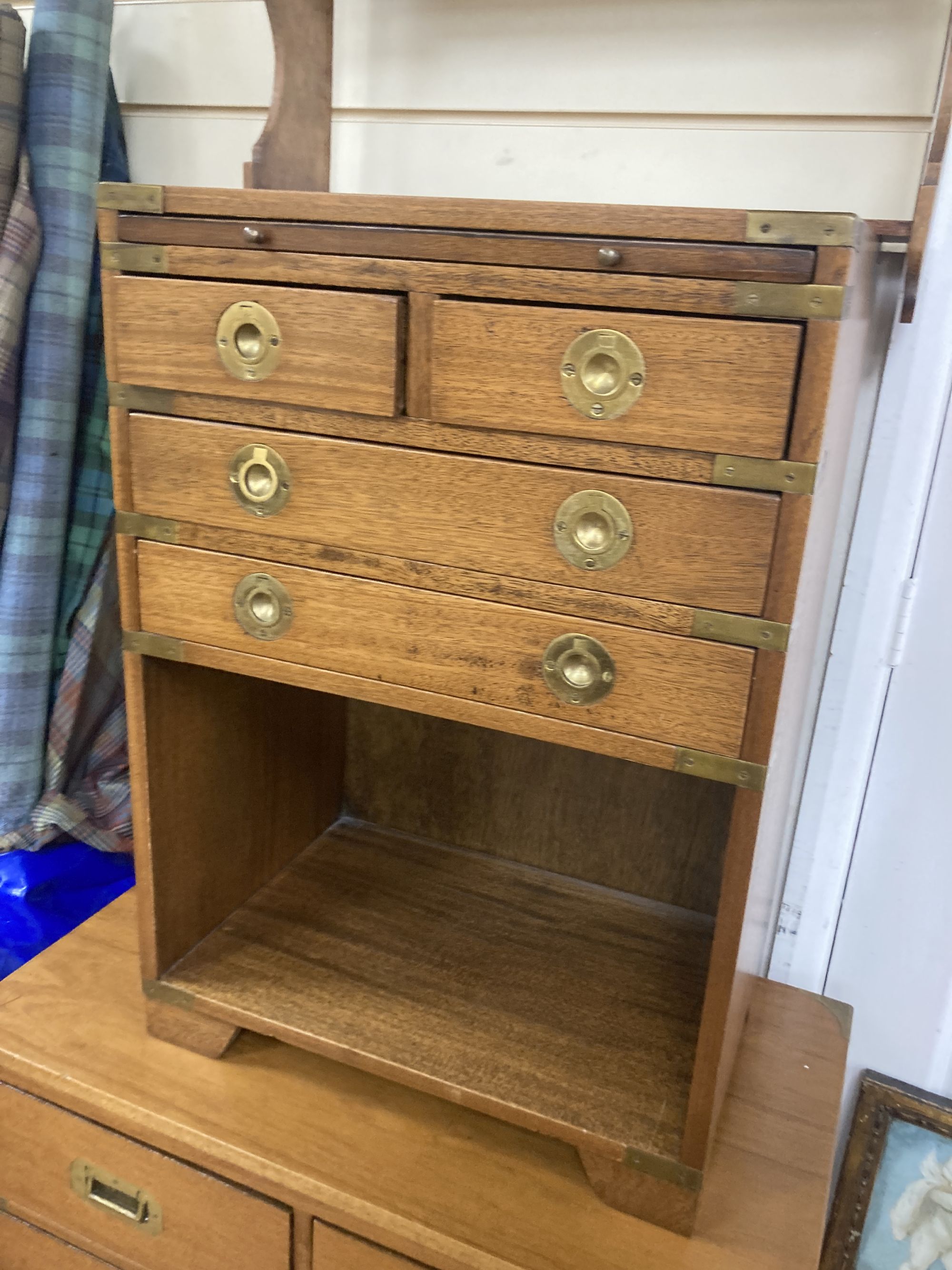 Two reproduction military-style chests, larger width 68cm, depth 38cm, height 69cm together with an oak wall bracket